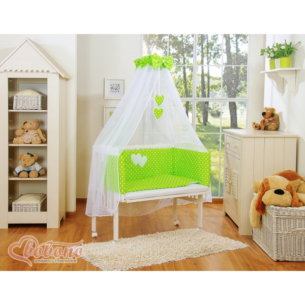 Babybett für Elternbett Fabio mit Matratze und Bettwäsche Set - Hängende Herzen Grün-Punkmuster