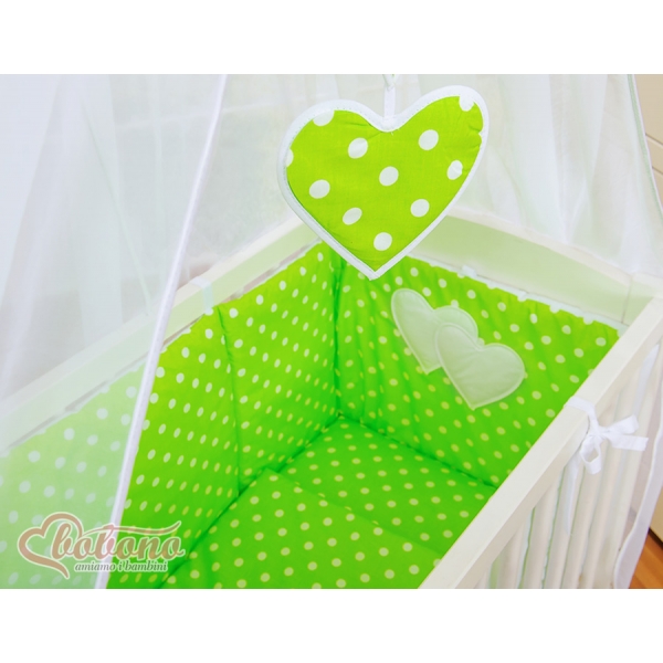Babybett für Elternbett Fabio mit Matratze und Bettwäsche Set - Hängende Herzen Grün-Punkmuster