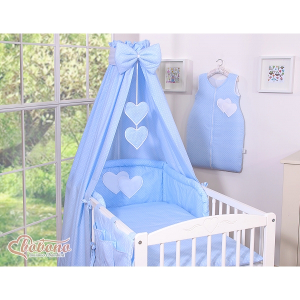 Babybett Himmel aus Baumwolle - Hängende Herzen Blau-Punktemuster