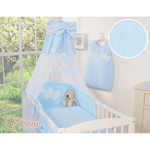 Babybett Himmel aus Chiffon - Hängende Herzen blau gestreift