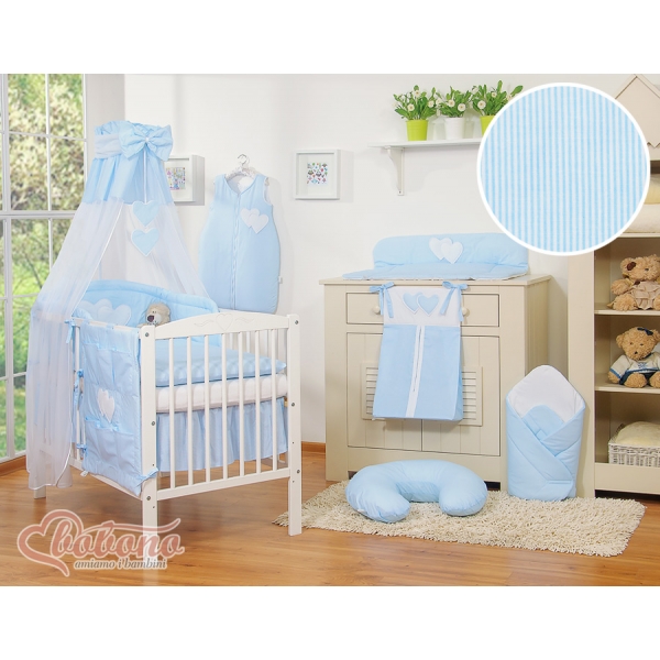 Babybett Himmel aus Chiffon - Hängende Herzen blau gestreift