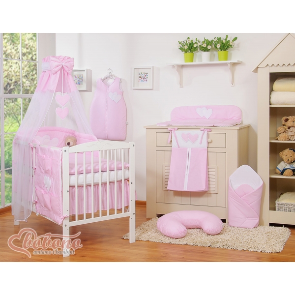 Babybett Himmel aus Chiffon - Hängende Herzen rosa gestreift