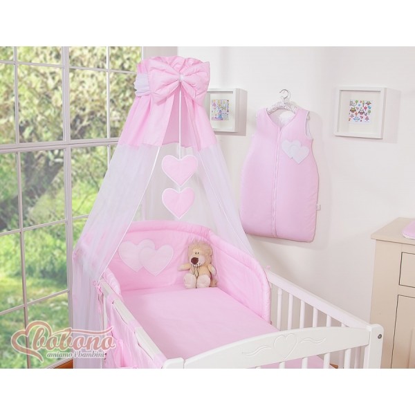 Babybett Himmel aus Chiffon - Hängende Herzen rosa gestreift