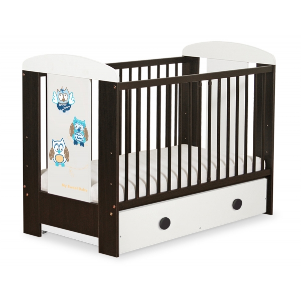 Braun Babybett mit Schublade MAXI 120x60cm Eulen Blau-Braun