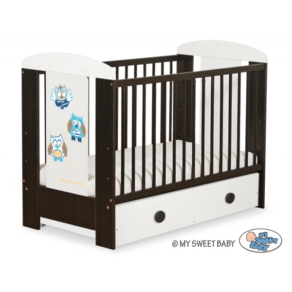 Braun Babybett mit Schublade MAXI 120x60cm Eulen Blau-Braun