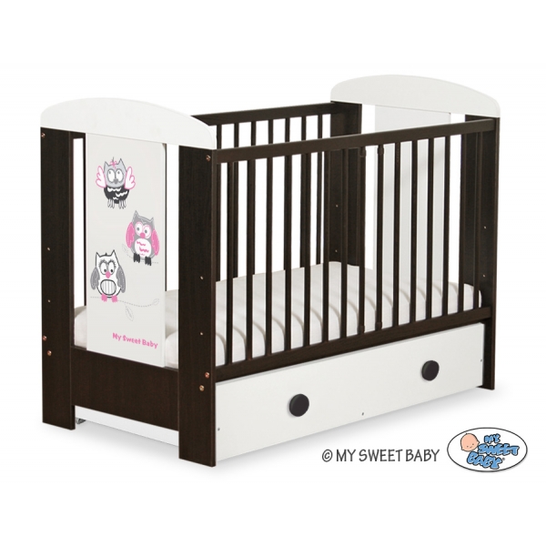 Braun Holz Babybett mit Schublade MAXI 120x60cm Eulen Grau Rosa