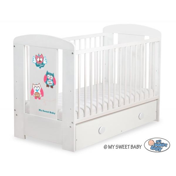 Babybett mit Schublade MAXI 120x60cm Eulen Turkis Rosa