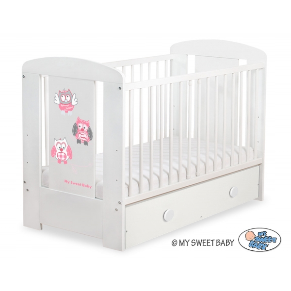 Babybett mit Schublade MAXI 120x60cm Eulen Grau Rosa