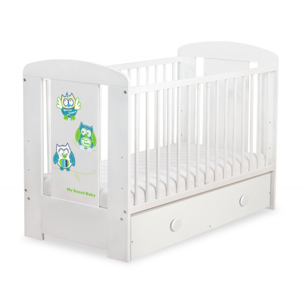 Babybett mit Schublade MAXI 120x60cm Eulen Turkis Grün