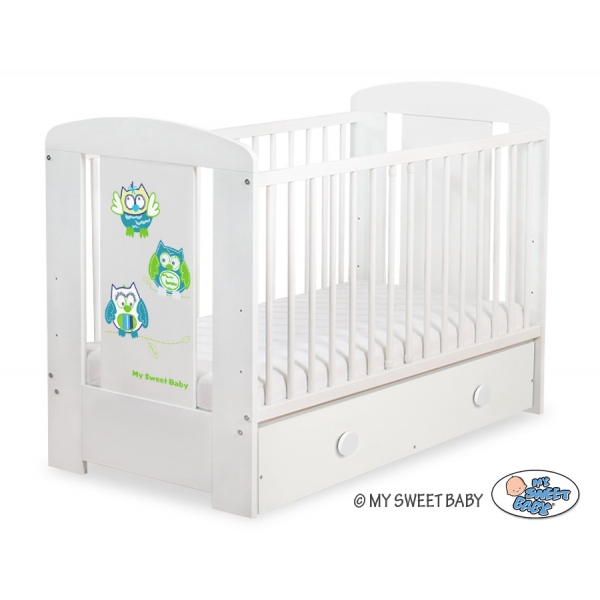 Babybett mit Schublade MAXI 120x60cm Eulen Turkis Grün