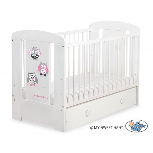 Babybett mit Schublade MAXI 120x60cm Eulen Rosa Grau