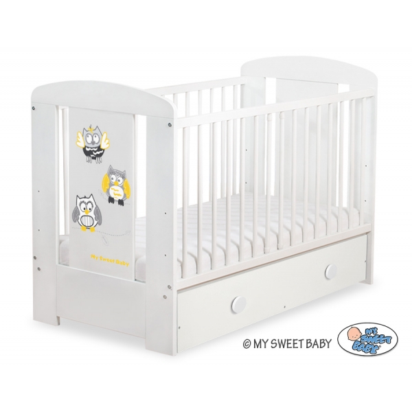 Babybett mit Schublade MAXI 120x60cm Eulen Grau Gelb