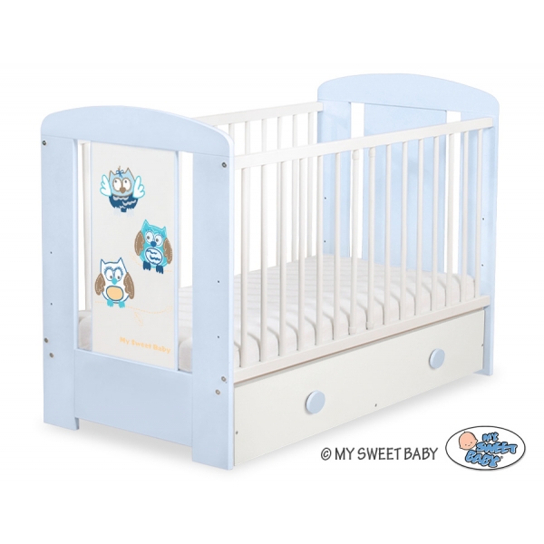 Blau Babybett mit Schublade MAXI 120x60cm Eulen Braun Blau