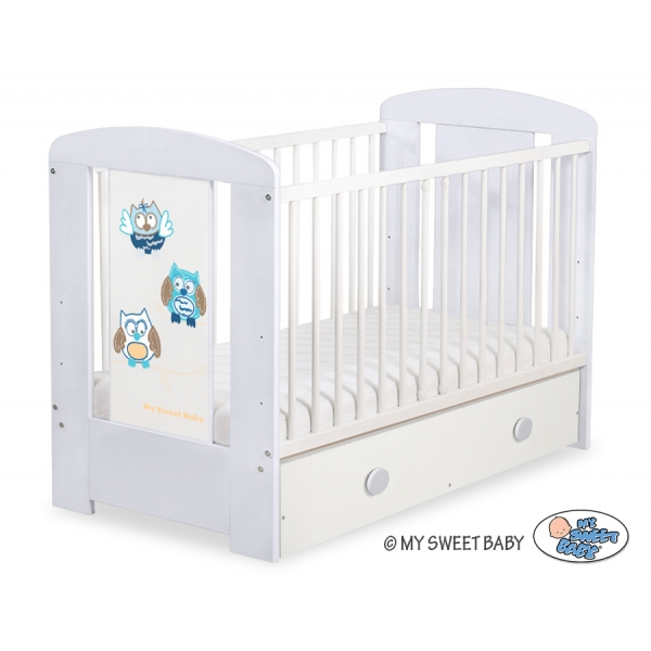 Grau Weiß Babybett mit Schublade MAXI 120x60cm Eulen