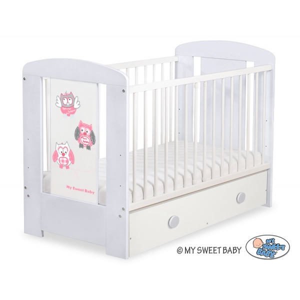 Grau Babybett mit Schublade MAXI 120x60cm Eulen Grau Rosa