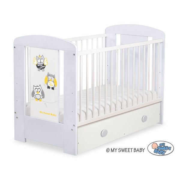 Babybett mit Schublade MAXI 120x60cm Eulen Grau Gelb