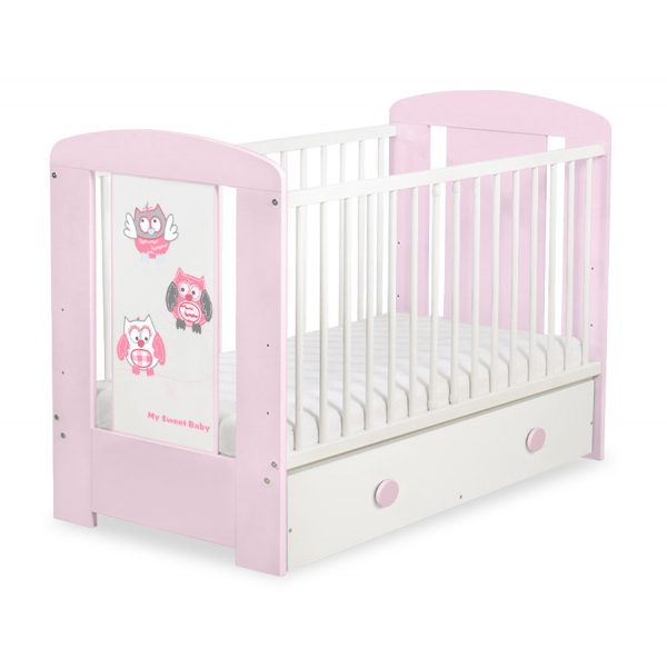 Babybett mit Schublade MAXI 120x60cm Eulen Grau Rosa