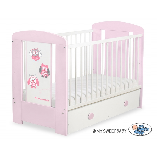 Babybett mit Schublade MAXI 120x60cm Eulen Grau Rosa