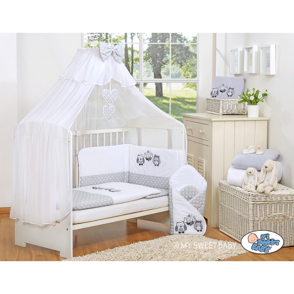 Babybett Moskitonetz aus Chiffon -  Eulen Bigi Zibi & Adele grau