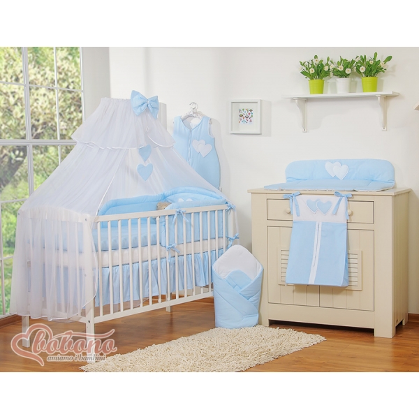 Babybett Moskitonetz aus Chiffon - Hängende Herzen blau gestreift