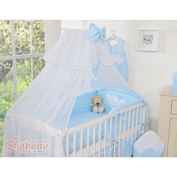Babybett Moskitonetz aus Chiffon - Hängende Herzen blau gestreift