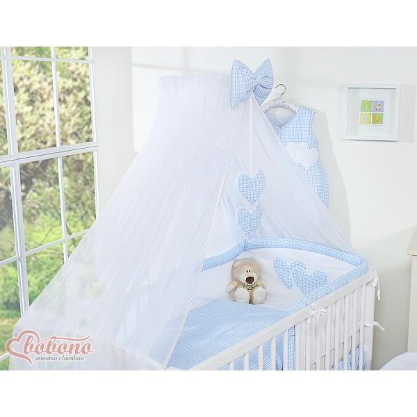 Babybett Moskitonetz aus Chiffon - Hängende Herzen blau kariert