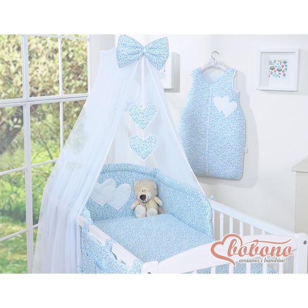 Babybett Moskitonetz aus Chiffon - Hängende Herzen blaue Blümchen