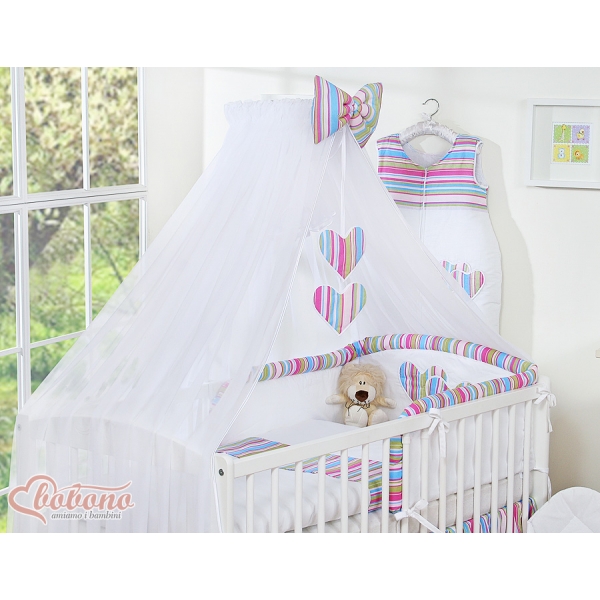 Babybett Moskitonetz aus Chiffon - Hängende Herzen lila gestreift