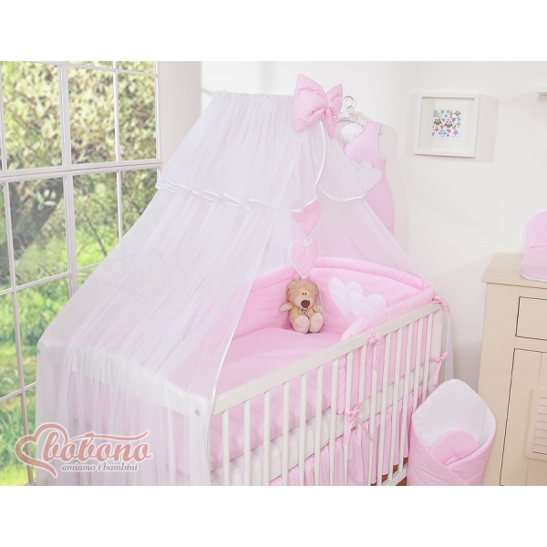 Babybett Moskitonetz aus Chiffon - Hängende Herzen rosa gestreift