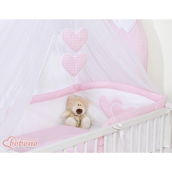 Babybett Moskitonetz aus Chiffon - Hängende Herzen rosa keriert