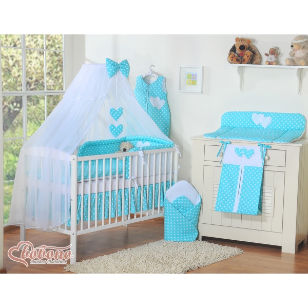 Babybett Moskitonetz aus Chiffon - Hängende Herzen Türkis-Punktemuster