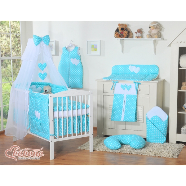 Babybett Moskitonetz aus Chiffon - Hängende Herzen Türkis-Punktemuster