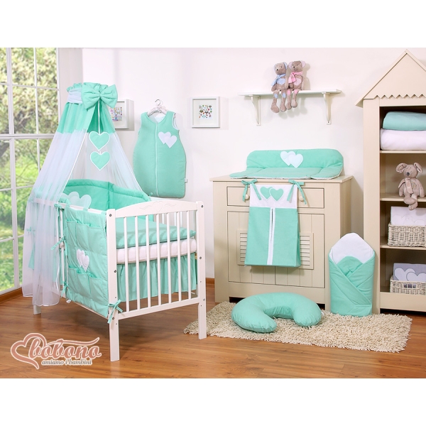 60x120 Babybettwäsche Set 5-tlg - Hängende Herzen Minze