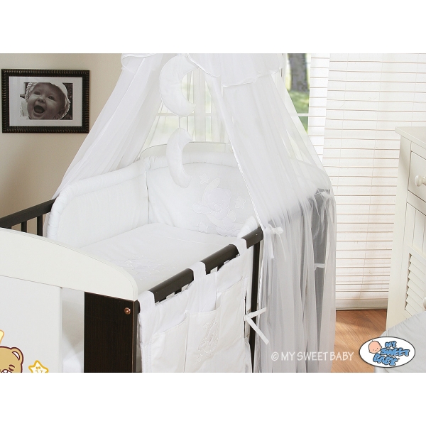 Babybettwäsche Set 5-tlg mit Babybett Moskitonetz (S70) - Gute Nacht weiß