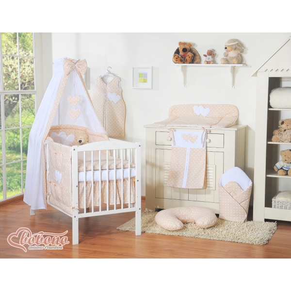 Babybettwäsche Set 5-tlg mit Himmel - Hängende Herzen Beige - Punktemuster