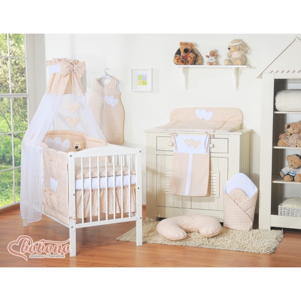 Babybettwäsche Set 5-tlg mit Himmel - Hängende Herzen Beige - Punktemuster