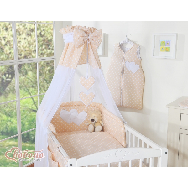 Babybettwäsche Set 5-tlg mit Himmel - Hängende Herzen Beige - Punktemuster