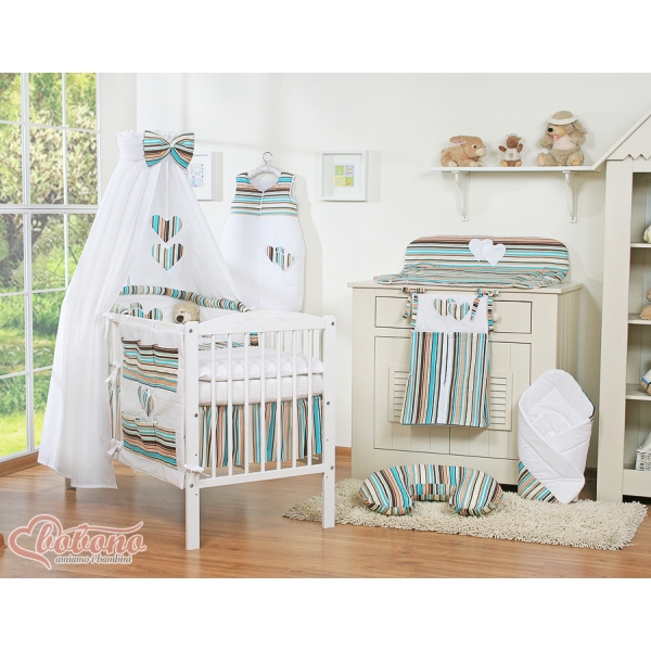 Babybettwäsche Set 5-tlg mit Himmel - Hängende Herzen braun gestreift