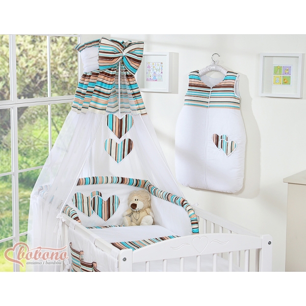 Babybettwäsche Set 5-tlg mit Himmel - Hängende Herzen braun gestreift