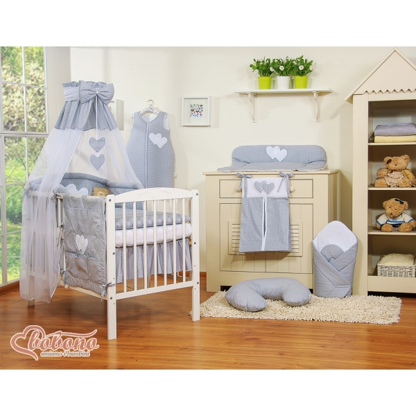 Baby Bettset 60x120 5-tlg mit Himmel - Hängende Herzen Grau-Punkmuster
