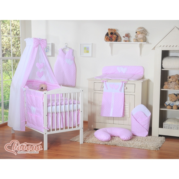 Babybettwäsche Set 5-tlg mit Himmel - Hängende Herzen Rosa - Punktemuster