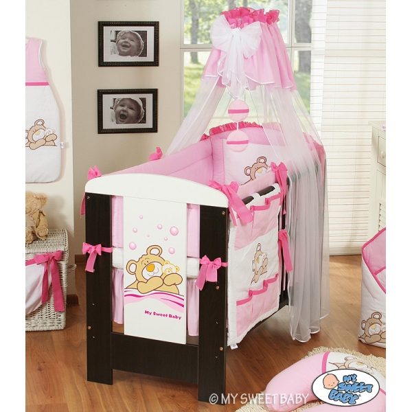 Babybettwäsche Set 5-tlg mit Himmel (L60) - Teddy Bär Barnaba rosa