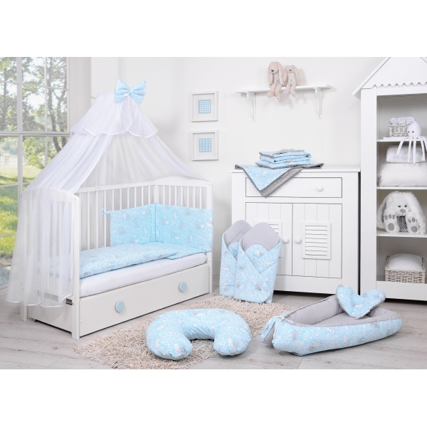 Babybettwäsche Set 5-tlg mit Moskitonetz - blaue Hasen