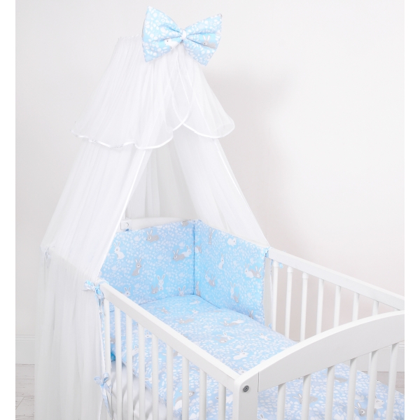 Babybettwäsche Set 5-tlg mit Moskitonetz - blaue Hasen