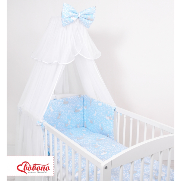 Babybettwäsche Set 5-tlg mit Moskitonetz - blaue Hasen
