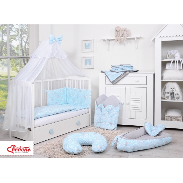 Babybettwäsche Set 5-tlg mit Moskitonetz - blaue Hasen