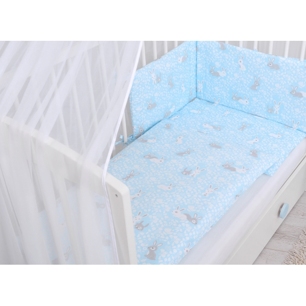 Babybettwäsche Set 5-tlg mit Moskitonetz - blaue Hasen