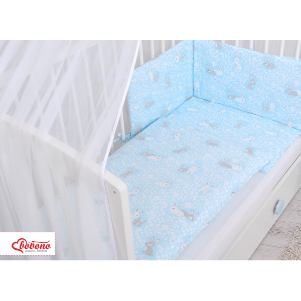Babybettwäsche Set 5-tlg mit Moskitonetz - blaue Hasen