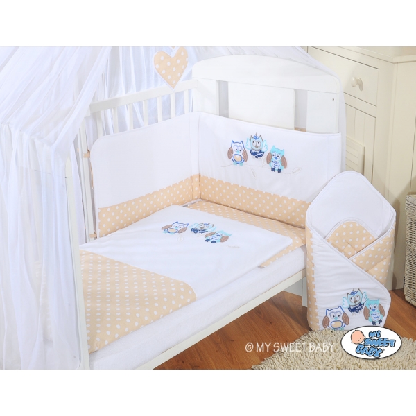 Babybettwäsche Set 5-tlg mit Moskitonetz - Eulen Bigi Zibi & Adele beige