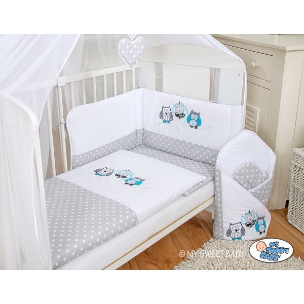 Babybettwäsche Set 5-tlg mit Moskitonetz - Eulen Bigi Zibi & Adele grau-türkis